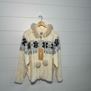 Hooded Fur-Collar Fair Isle Zip-Up Sweater